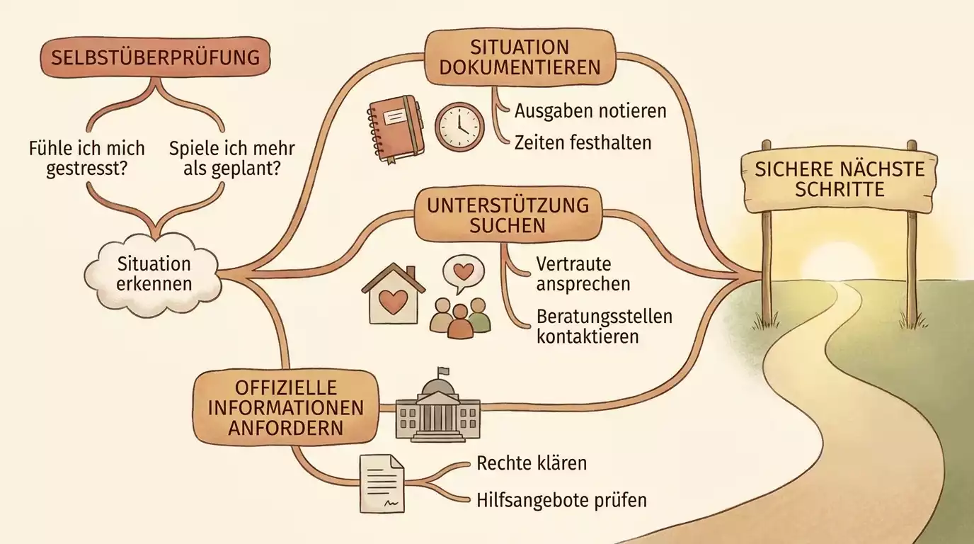 Entscheidungspfad für Prüfung, Dokumentation und Hilfe bei Glücksspielproblemen