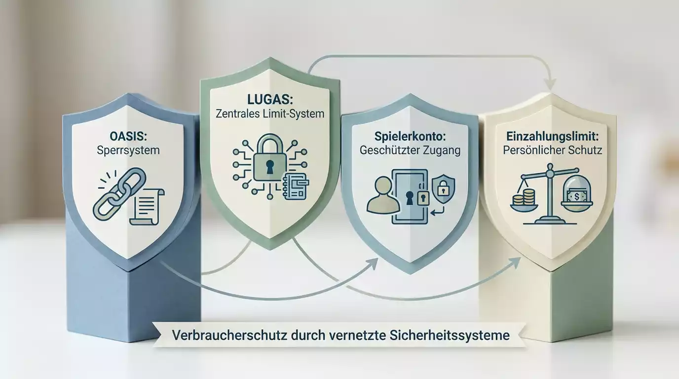Vier verbundene Schutzbereiche mit OASIS, LUGAS, Spielkonto und Einzahlungslimit