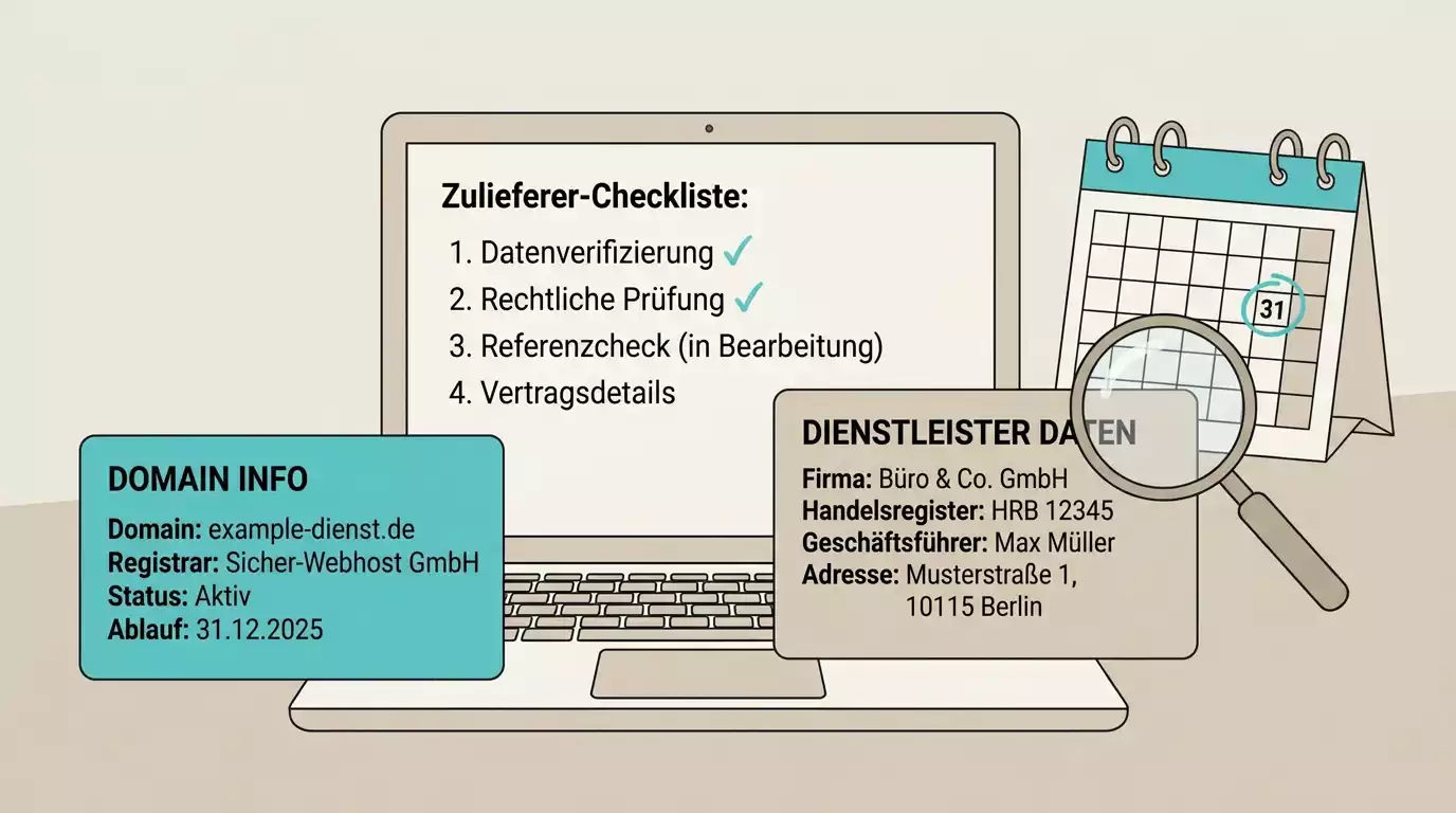 Schreibtischszene mit Checkliste für Domain, Anbieter und amtliche Whitelist