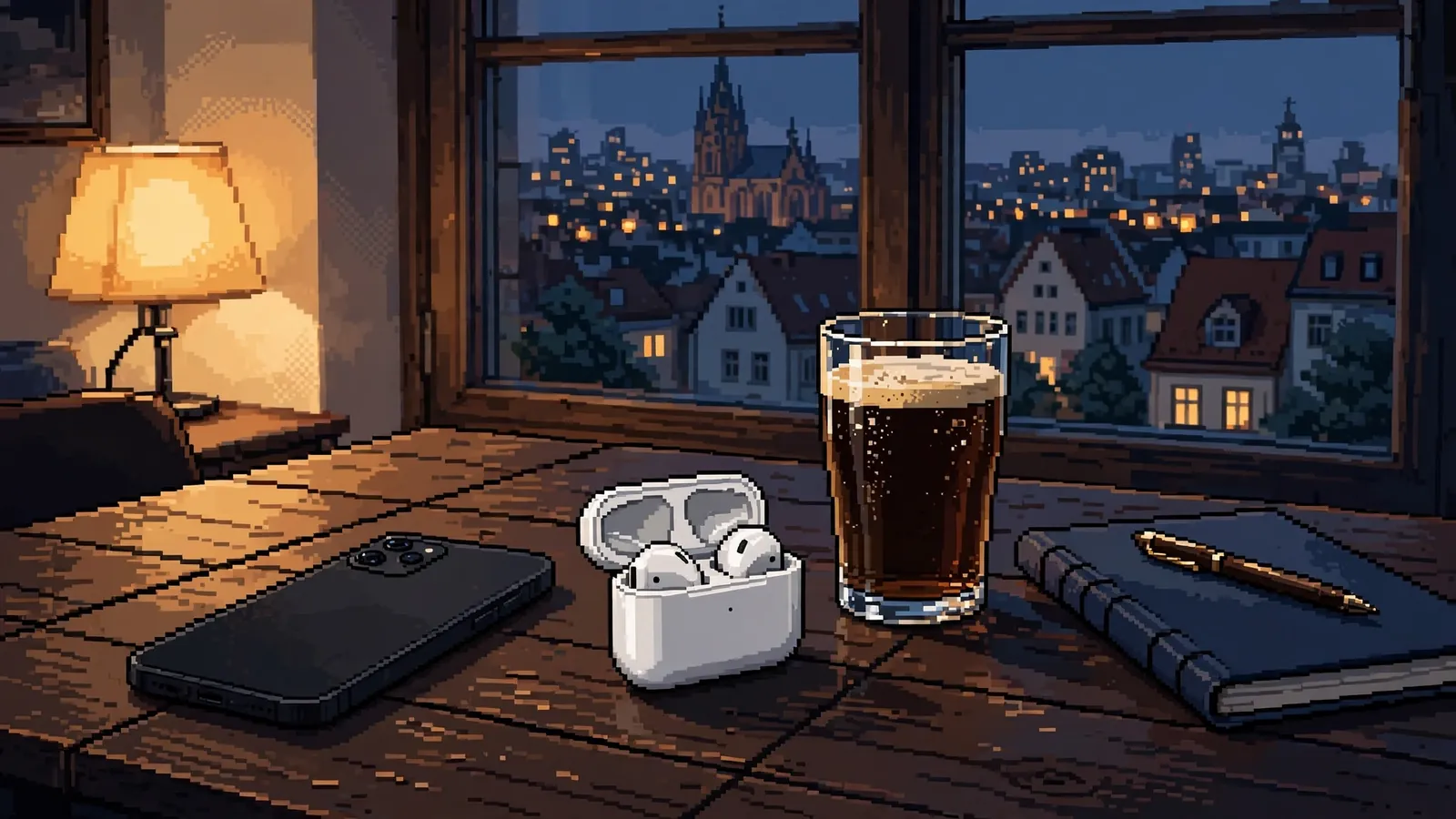 Smartphone mit Ohrhörern auf Tisch in moderner Wohnung